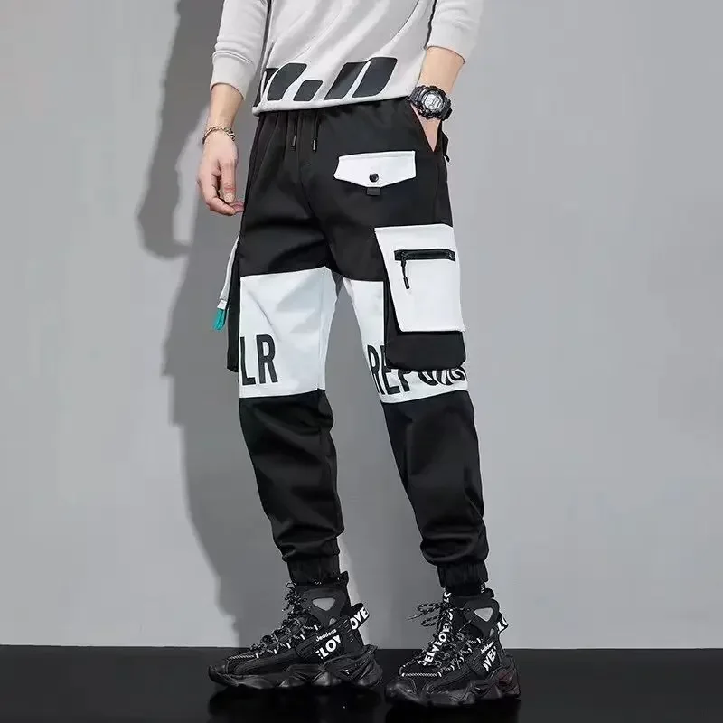 Classic Streetwear Casual Pants Men Ribbons Jogging Pants Male Slim Fit Spring Cargo Pants Multi-Pockets Trouser