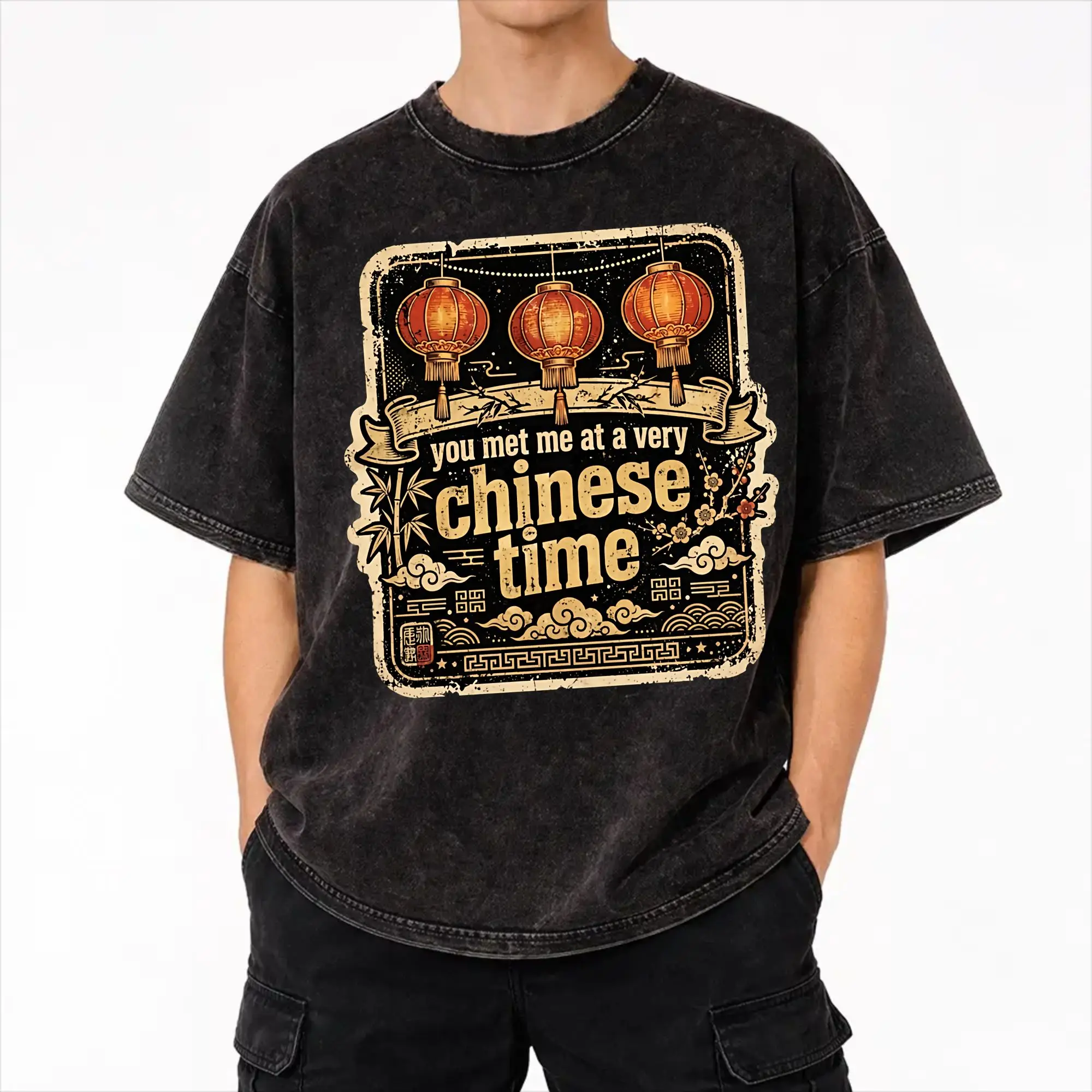 You Met Me At A Very Chinese Time In My Life Washed T Shirts Streetwear Hip Hop Vintage T-Shirt  Tee Shirt for Men Women