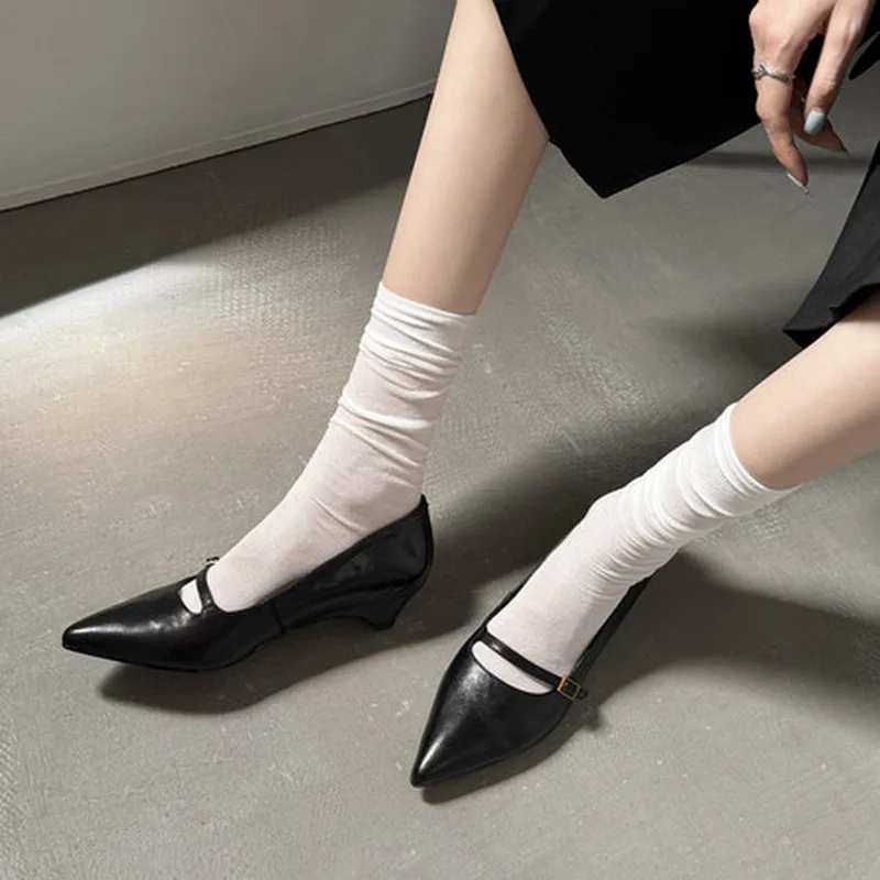 Women Wear Resistant Pointed Toe Mary Jane Shoes For Women Washed Cowhide Upper Mid Block Heel Pigskin Inner Daily Office F225