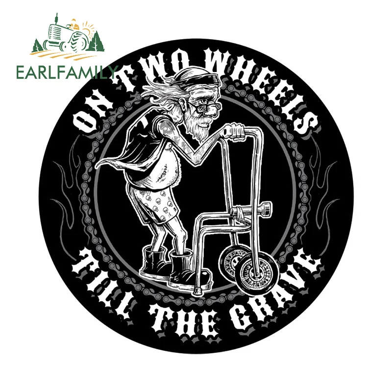 EARLFAMILY 13cm x 13cm Old Man Car Sticker on Two Wheels Till The Grave Decal DIY Window Laptop Toolbox Fuel Tank Cap Decoration