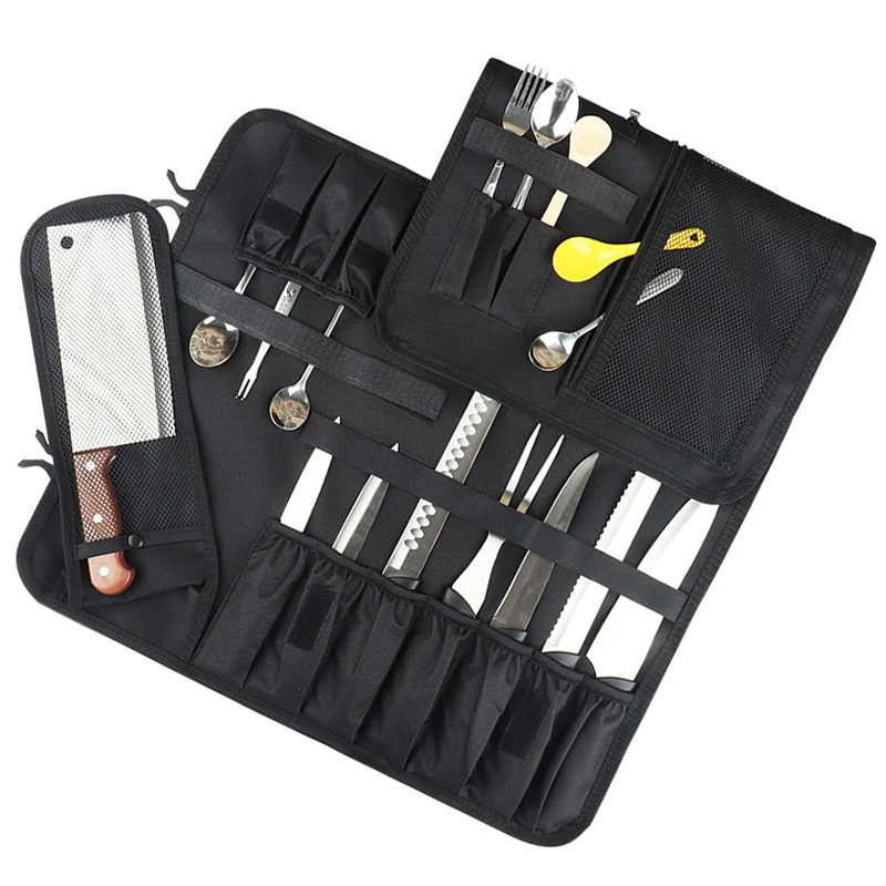 16 Slot Chef Knife Roll Bag Foldable Professional Portable Picnic Party Kitchen Knife Storage Pocket Outdoor Black Carrying Case