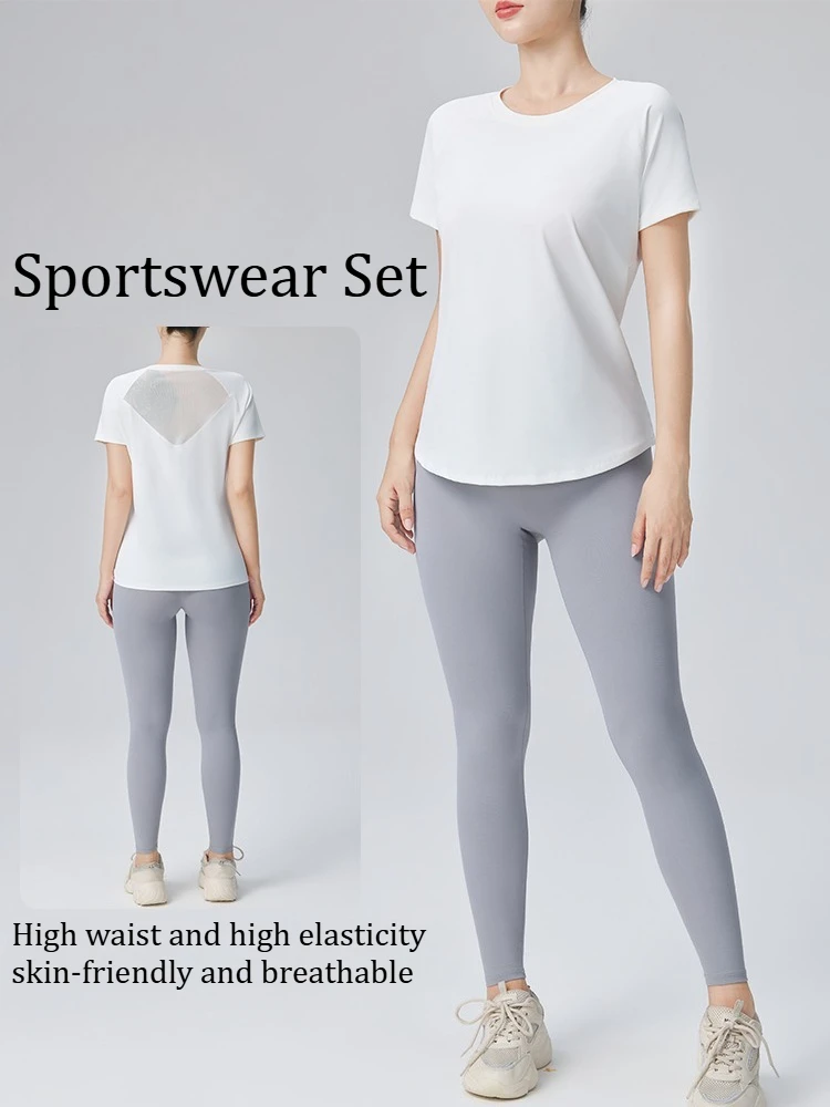 Women Quick Dry Mesh Back Yoga T-Shirt + Yoga Pants High Waisted Hip Lifting Leggings Casual Gym Workout Sportswear