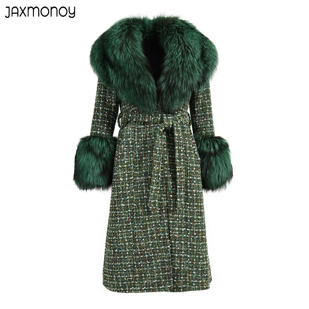 Jaxmonoy Woman's High Quality Wool Coats Winter New Style Luxury Big Real Fur Collar Outerwear Ladies Fashion Warm Trench Coat