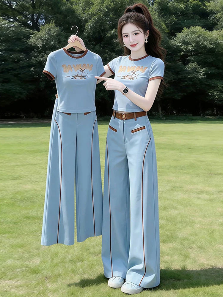 

Elegant Ageless Women's Summer 2026 Slim Fit Short Sleeve T-Shirt Wide Leg Pants Set Comfortable Casual High Waist Print Pattern