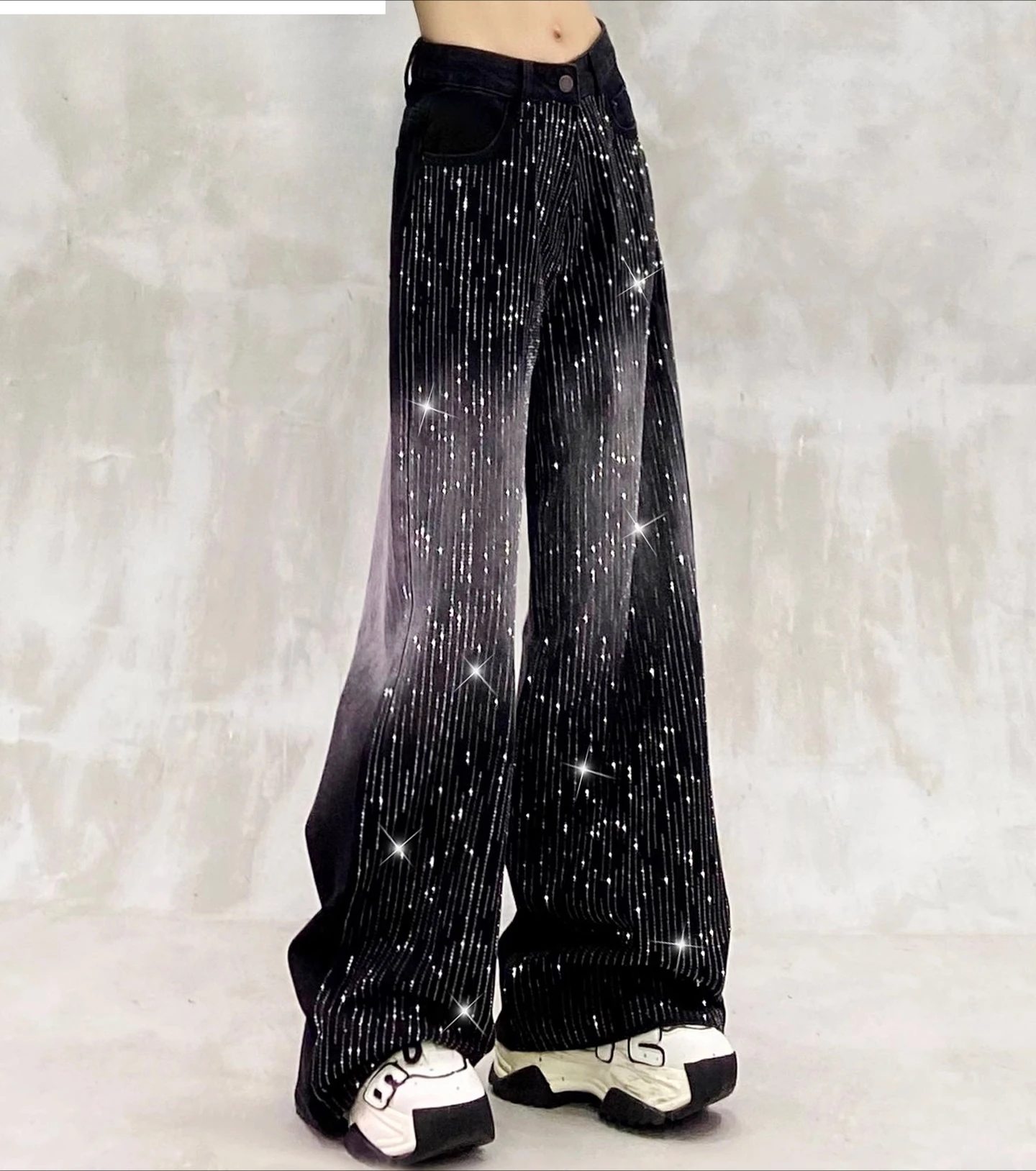 

Spring and Autumn New Women's Jeans, Shiny Rhinestone Gradient Color High Waist Slimming Straight Leg Wide Leg Pants