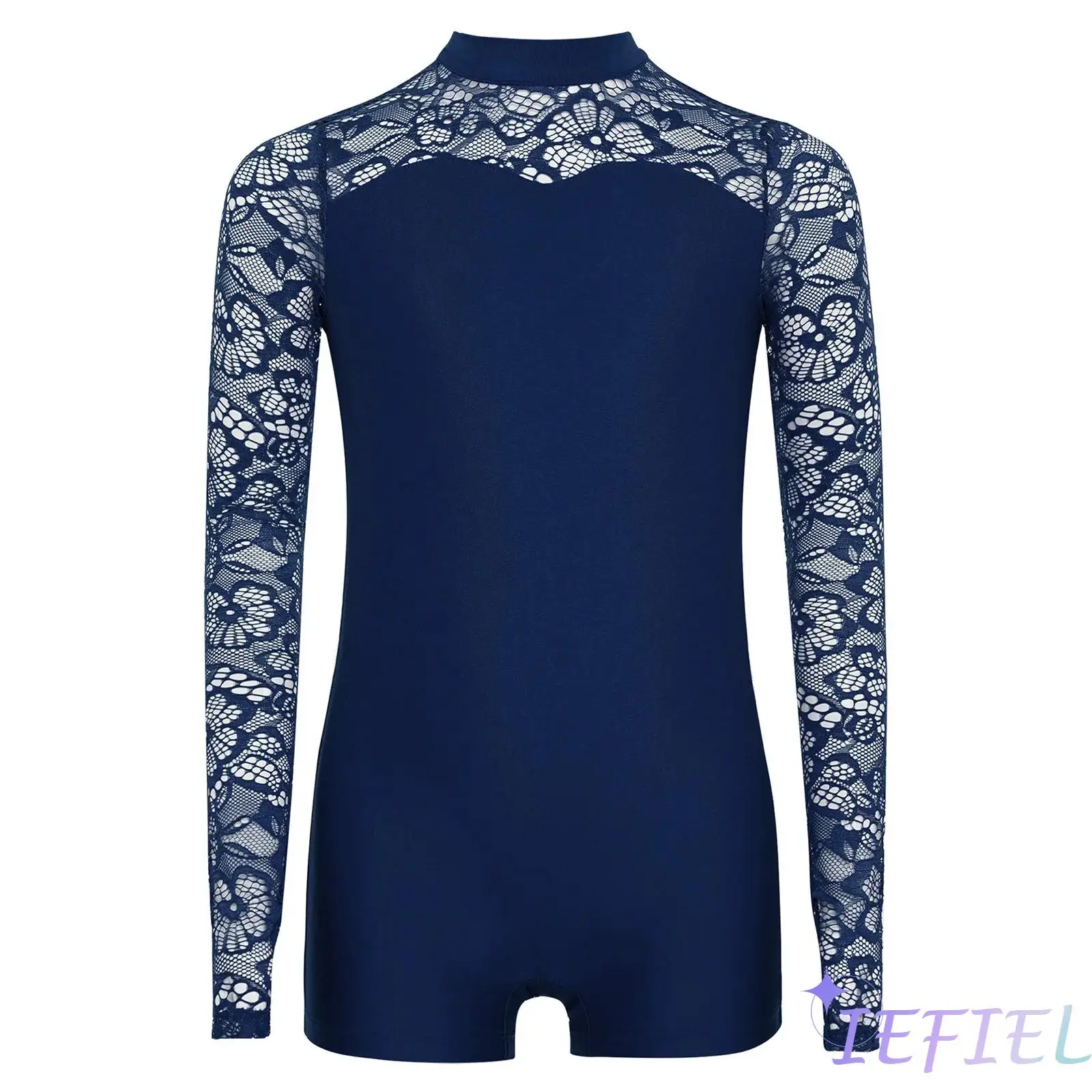 

Girls Gymnastics Dance Jumpsuit Lace Patchwork Long Sleeves Keyhole Back Bodysuit Ballet Salsa Latin Dance Performance Costume