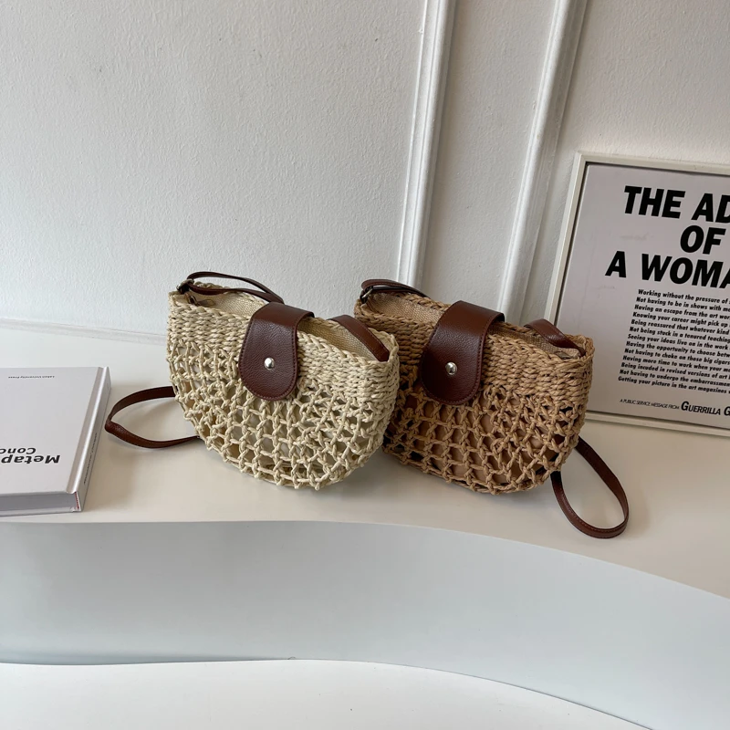 Summer Hollow Out Straw Woven Crossbody Saddle Bag Half-Moon Beach Rattan Shoulder Bag Casual Leather Flap Strap Crossbody Bags