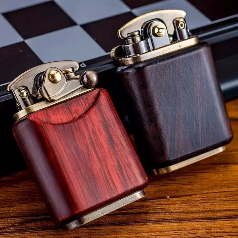 Rosewood Wooden Zorro Rocker Kerosene Lighter Retro Copper Old Nine Doors Creative Mahogany Cigarette Lighter Men\'s Gift