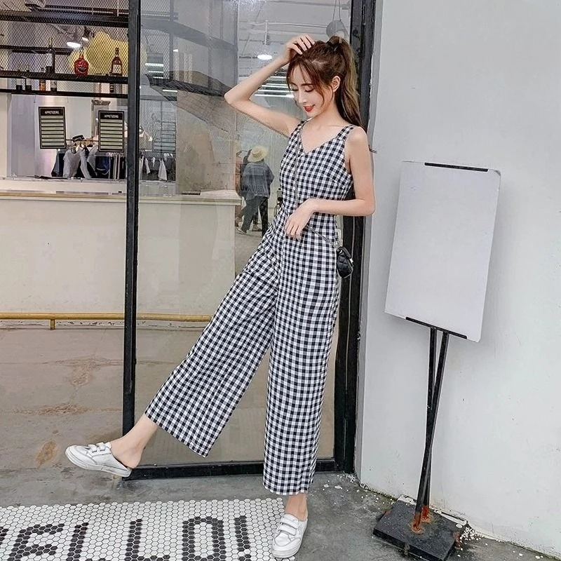 

Женский летний комбинезон в корейском стиле, без рукавов, с высокой талией, широкими штанинами, в клетку, свободный, драпированный, повседневный, для пляжа и путешествий
