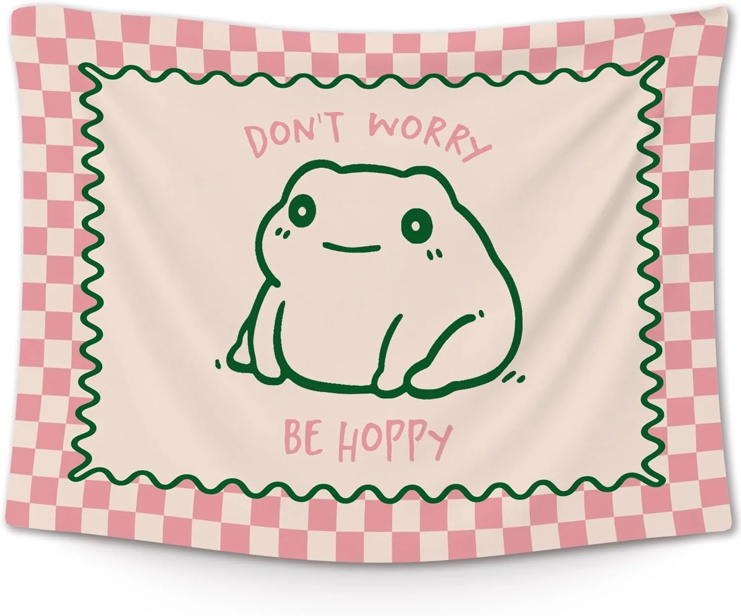 1 Stück Pink Checker „DON'T WORRY BE HOPPY“ Frosch-Polyester-Wandteppich, 2D flach, ganzjährig, Wanddekoration für Schlafzimmer und Wohnzimmer