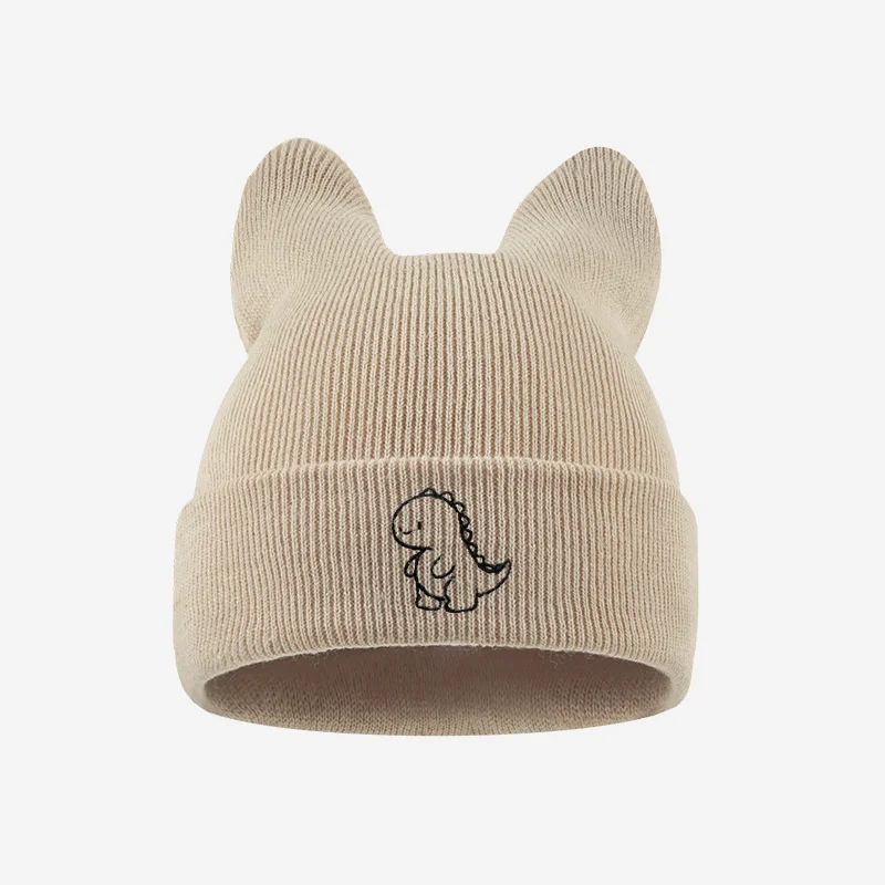 Toddler 1-3Y Sweet Cartoon Dinosaur Embroidered Knit Hat, Cozy Winter Cat Ear Beanie for Park Play & Kindergarten view 4