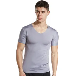 2023 Summer New Ice Silk Seamless T-shirt Men's Short-sleeved Men's V-neck Fitness Sweatshirt Sports Top Trend