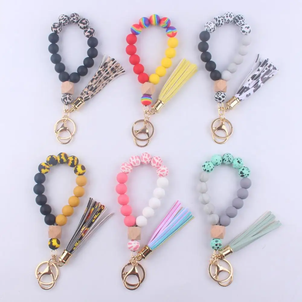 NEW Leopard Print Wooden Silicone Beaded Keychain Women Men PU leather Tassel Bracelet Pendant Keyring For Schoolbag Key Jewelry