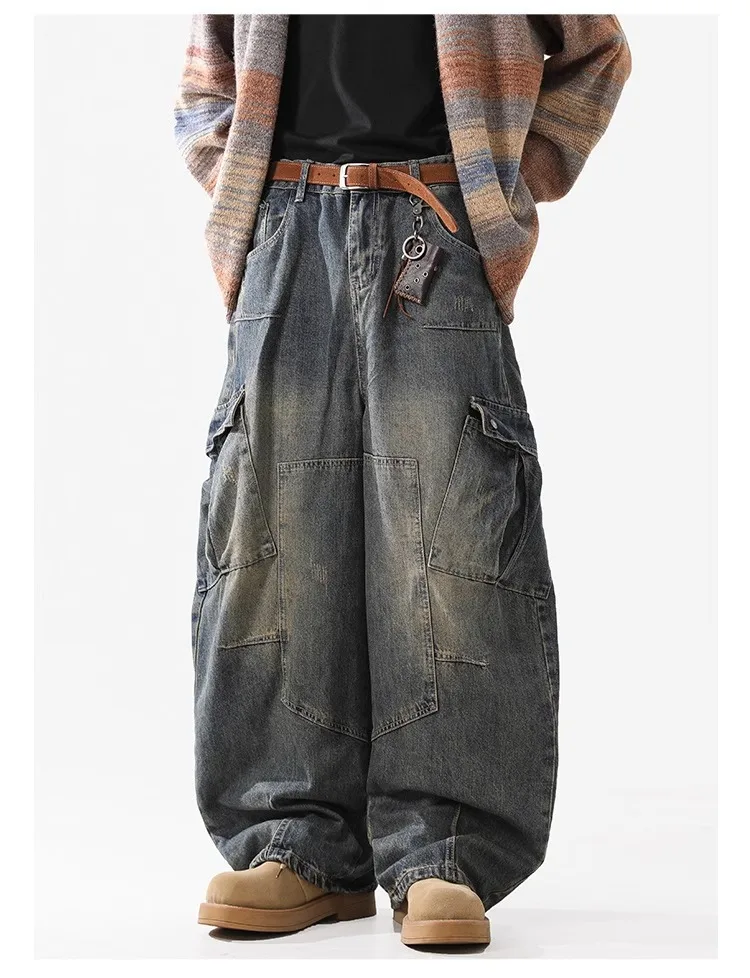 New Style Retro Multi Pocket Curved Knife Jeans Baggy Wide Leg Workwear Pants Korean Version Y2K Streetwear Casual Trousers Jean