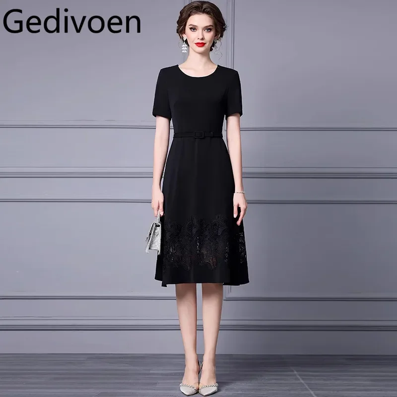 Gedivoen Summer Fashion Runway Designer Dress Women's Vintage Solid Color Sashes Embroidery Hollow Out Lace Temperament Dresses