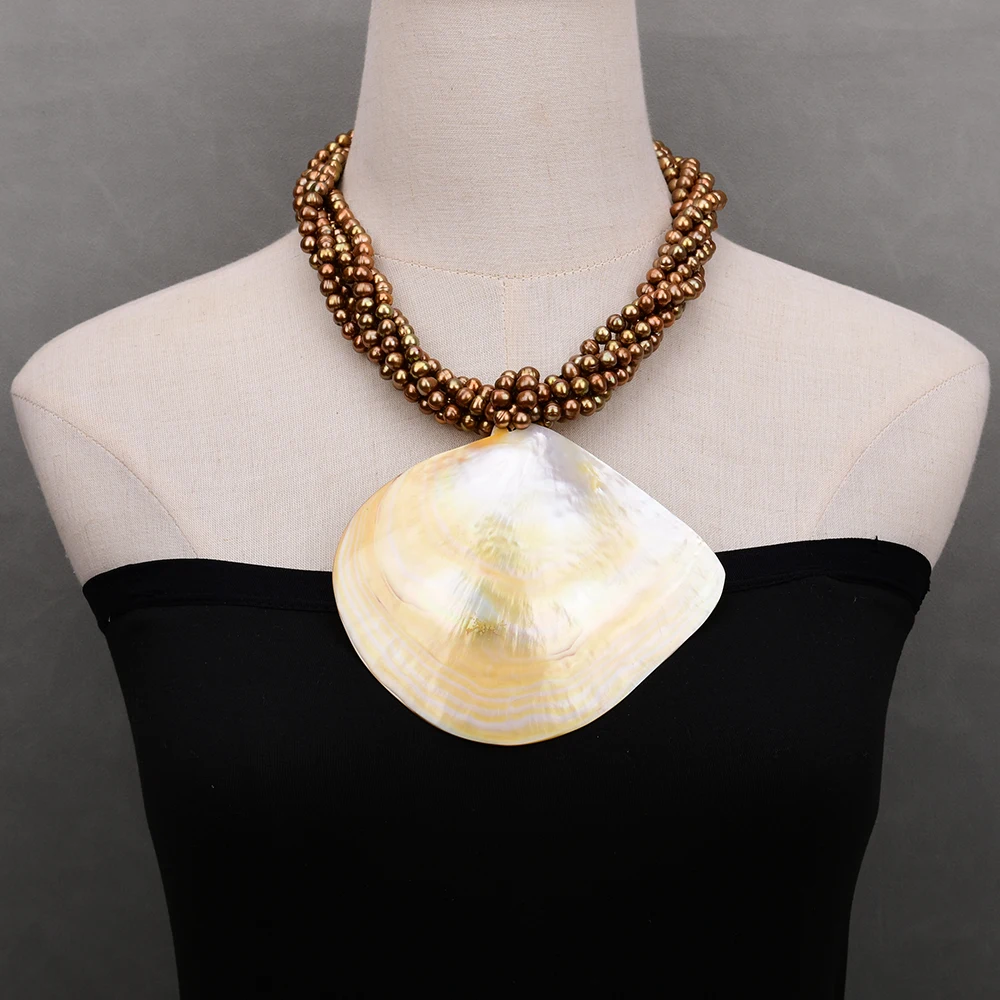 G-G 19\'\' 5 Rows Natural Coffee Potato Round Pearl Necklace Big Yellow Sea Shell Pendant Handmade For Lady