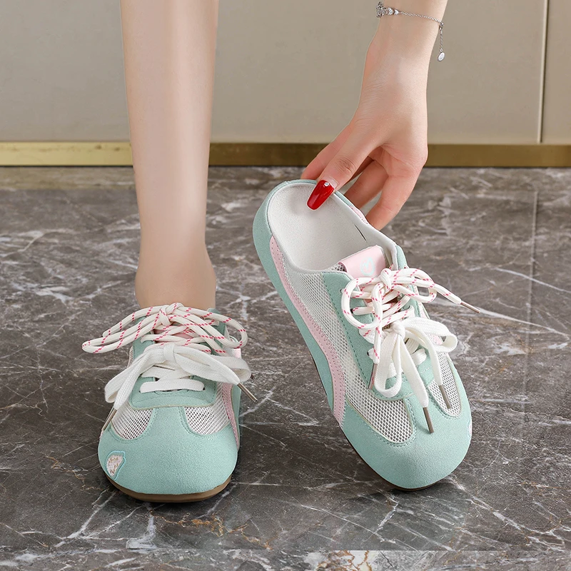 New Summer Women Hidden Elevator Closed Toe Backless Mules, Light Breathable Mesh Preppy Style Versatile Casual Slip On Shoes