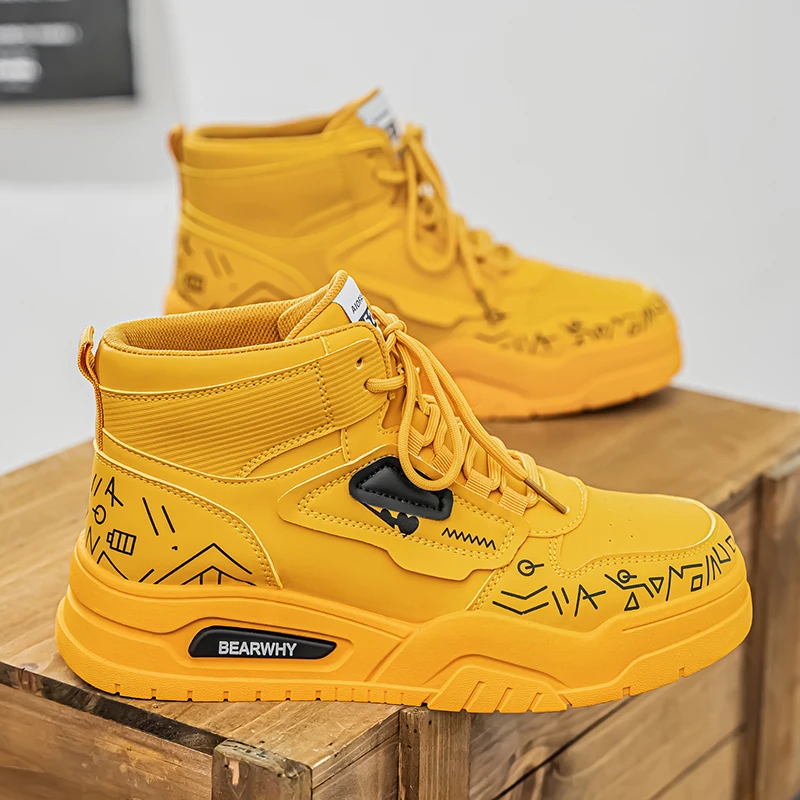 

Street Style Yellow Skateboard Shoes Men Fashion High Top Men's Casual Sneakers Original Comfortable Leather Sports Shoes Men