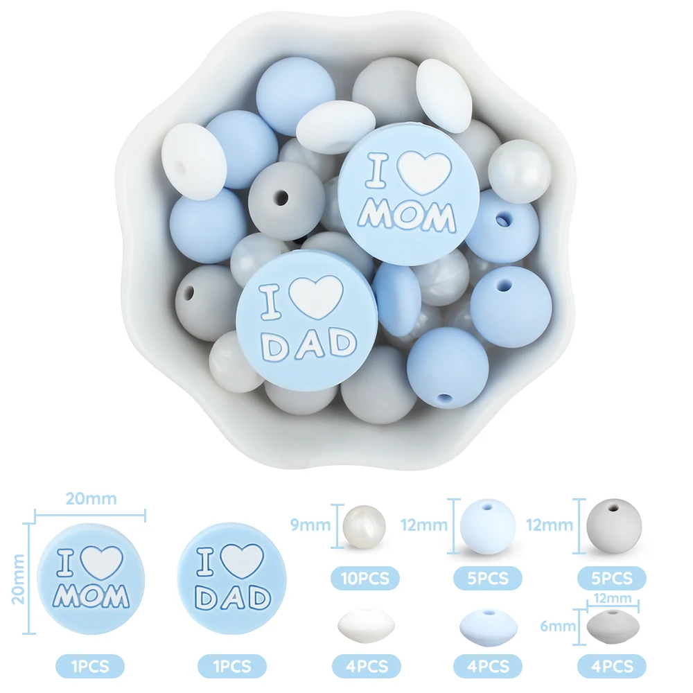 34Pcs/Set Silicone Beads I Love Mum and Dad Round Chew Beads Set Food Grade For Jewellery Making DIY Pacifier Chain Accessories