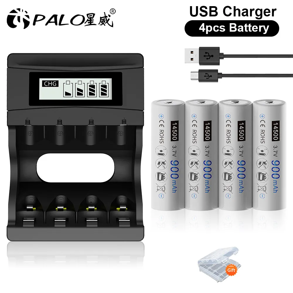 

PALO 14500 Li-ion Battery Rechargeable 3.7V 900mAh AA 14500 Lithium Battery AA Li ion Battery with LCD Smart Charger