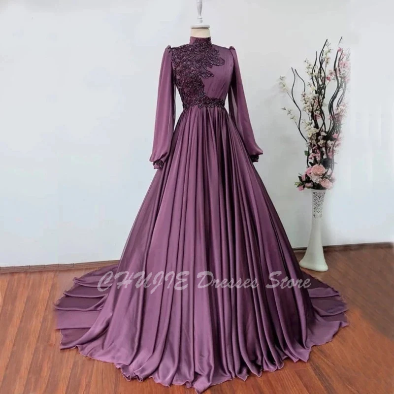 

Customized Appliques A line Evening Dressed With Train Purple Muslin Robe Long Sleeves Evening Gown High Neck Beads Party Dress