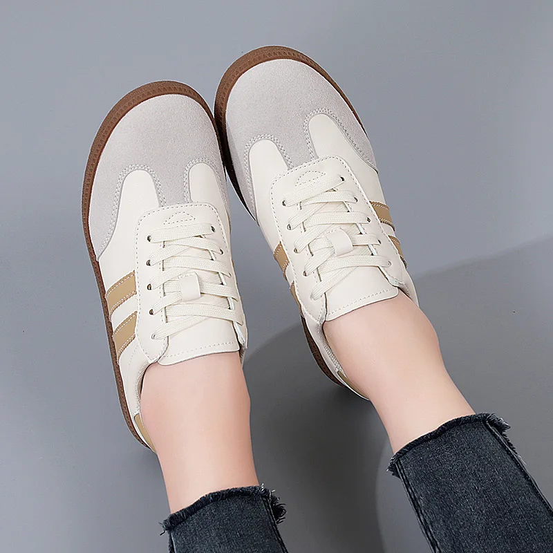 Flat Luxury Shoes Women 2024 Autumn New Classic Ladies Sneakers Women Leather Retro Low Cut Lace -up Casual Round Toe Grey White