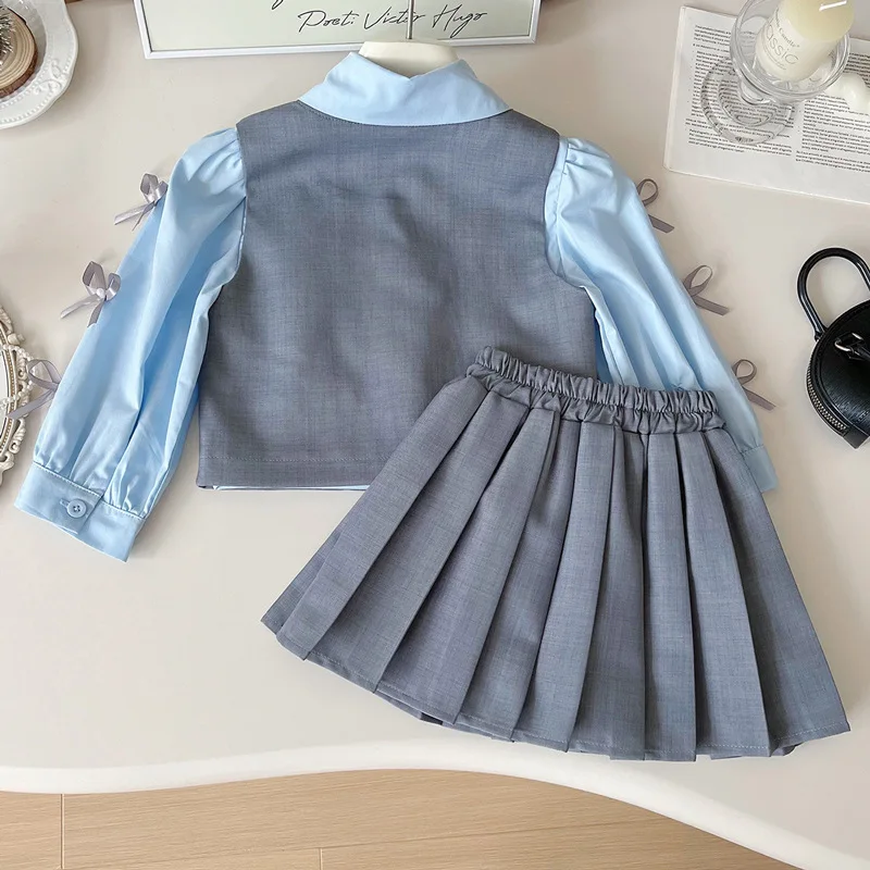 Baby Girl College Style Blouse Suit2024Spring and Autumn New Children's Autumn Top Vest Pleated Skirt Three-Piece Set