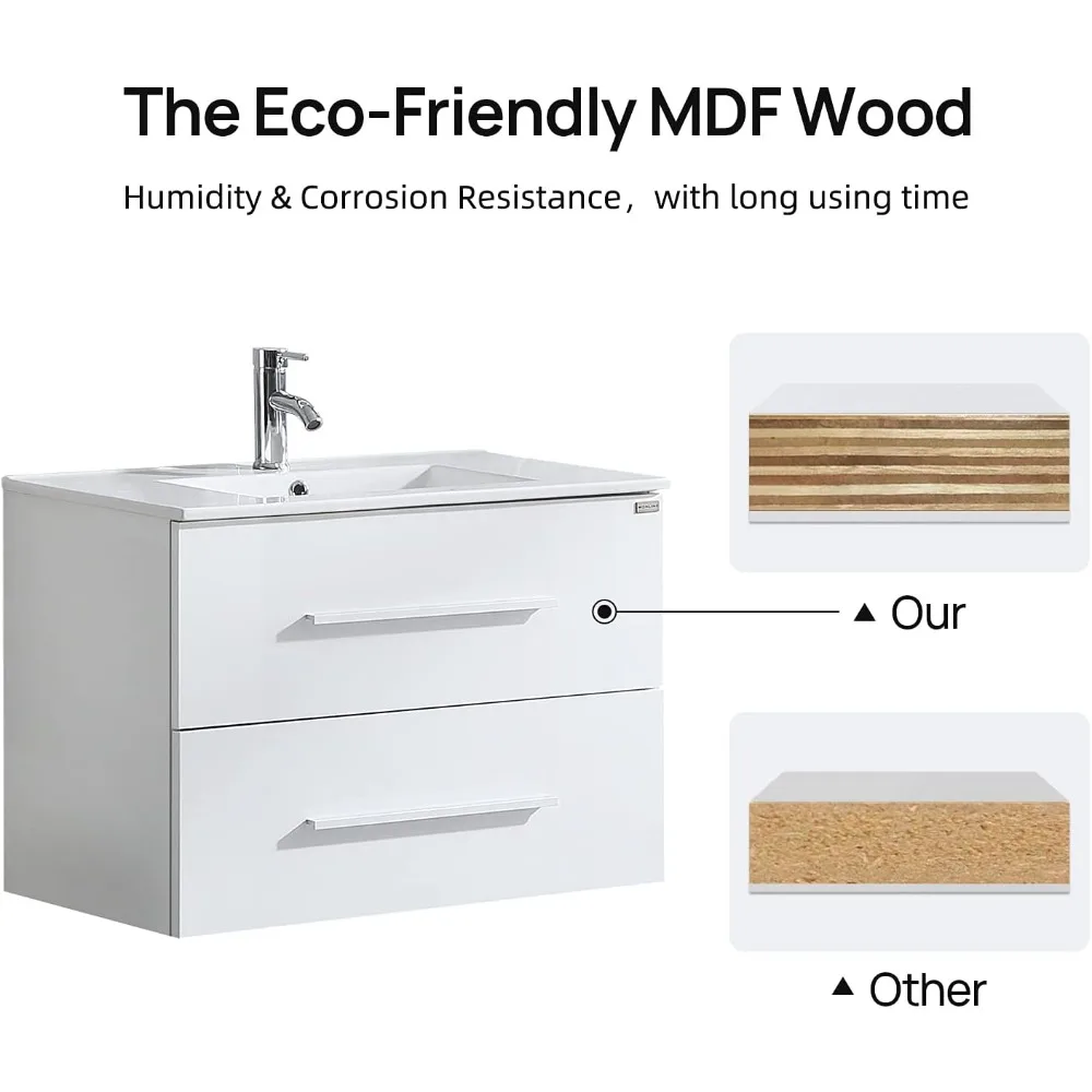 Conjunto de vaidade de banheiro wonline de 32 polegadas, armário branco montado na parede com torneira cromada combinada para pia