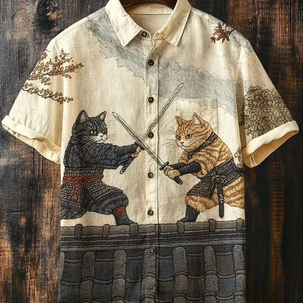 Nova Camisa Polo Masculina Casual de Manga Curta com Estampa 3D de Gato Samurai Preto Mi Yu Qing Long Ink Calligraphy