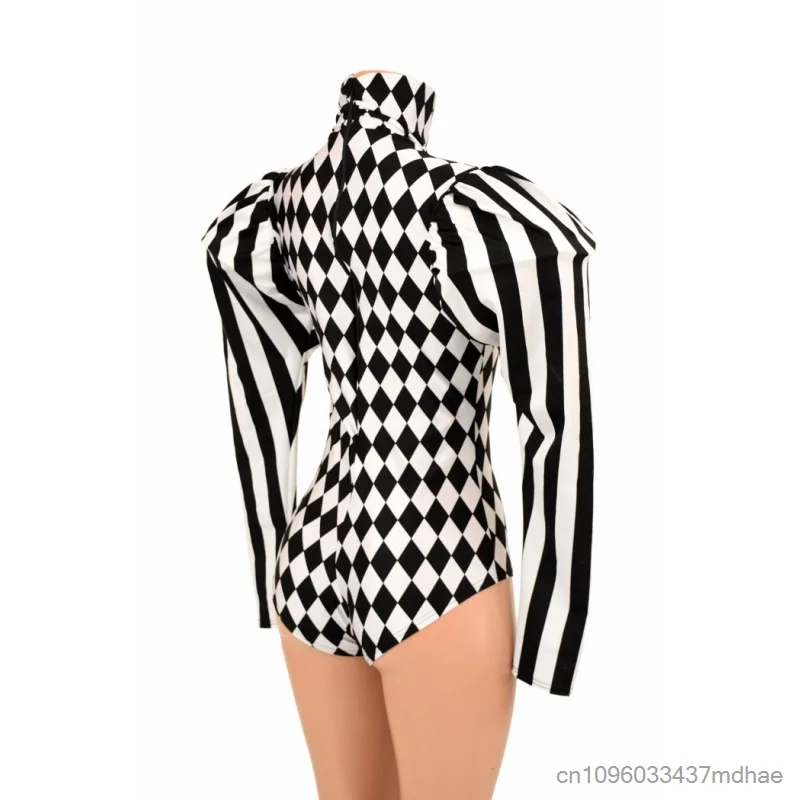 Circus Clown Cosplay Black White Rhombus Striped Puff Shoulder with Shoulder Pads For Club Party Punk Bodysuit Stage Performance view 6