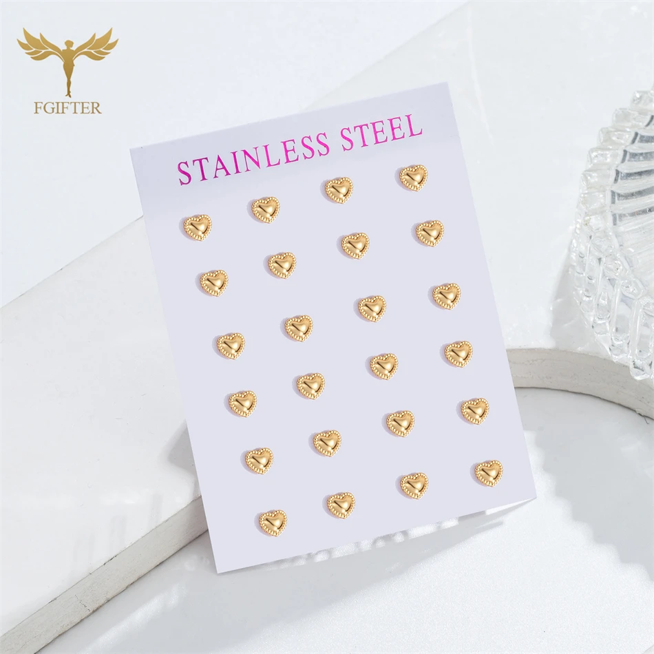 12 Pairs 3D Stereoscopic Heart Golden Earrings for Women Couple Stud Earrings Set Stainless Steel Ear Piercing Jewelry Love Gift