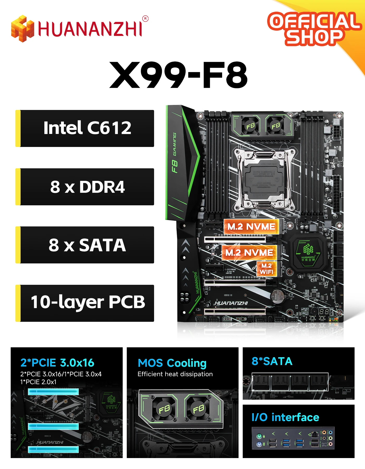 HUANANZHI X99 F8 LGA 2011-3 XEON X99 Motherboard Support Intel E5 All Series DDR4 RECC NON-ECC Memory NVME USB3.0 ATX Server