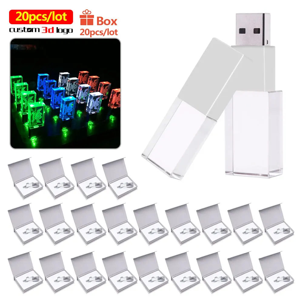 

20pcs/lot usb2.0 Crystal LED light flash drive 8GB 16GB 32GB 64GB 128GB Pendrives free custom 3d logo Capacity Usb stick gifts