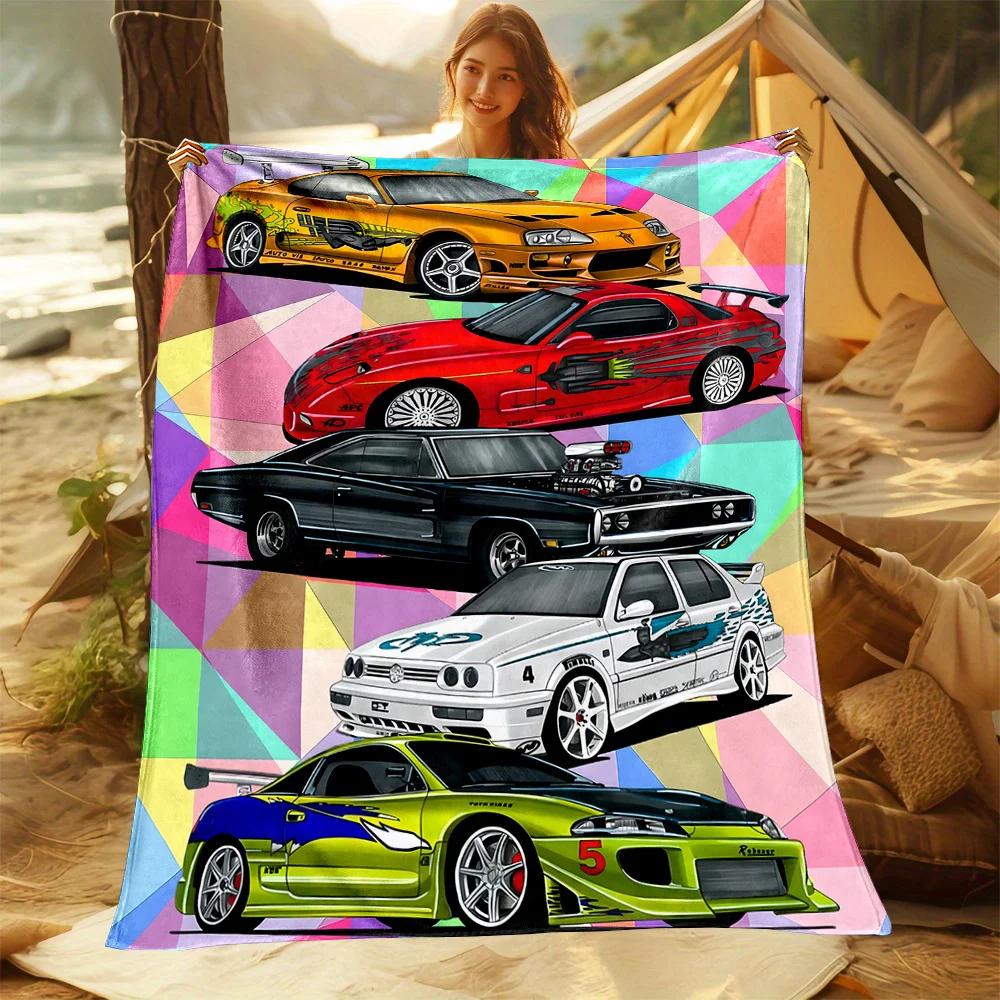 Vintage Automobile Decorative Print Flannel Throw Blanket - Mixed Color, Digital Printing, Non-woven Polyester, Lightweight