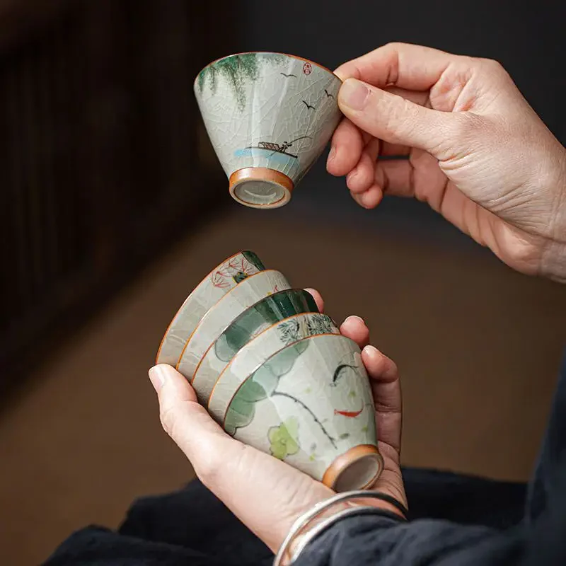 Hand Painted Lotus Teacup Ceramics Master Cup Vintage Chinese Kung Fu Tea Bowl Teahouse Drinking Utensils Meditation Cup 60ml