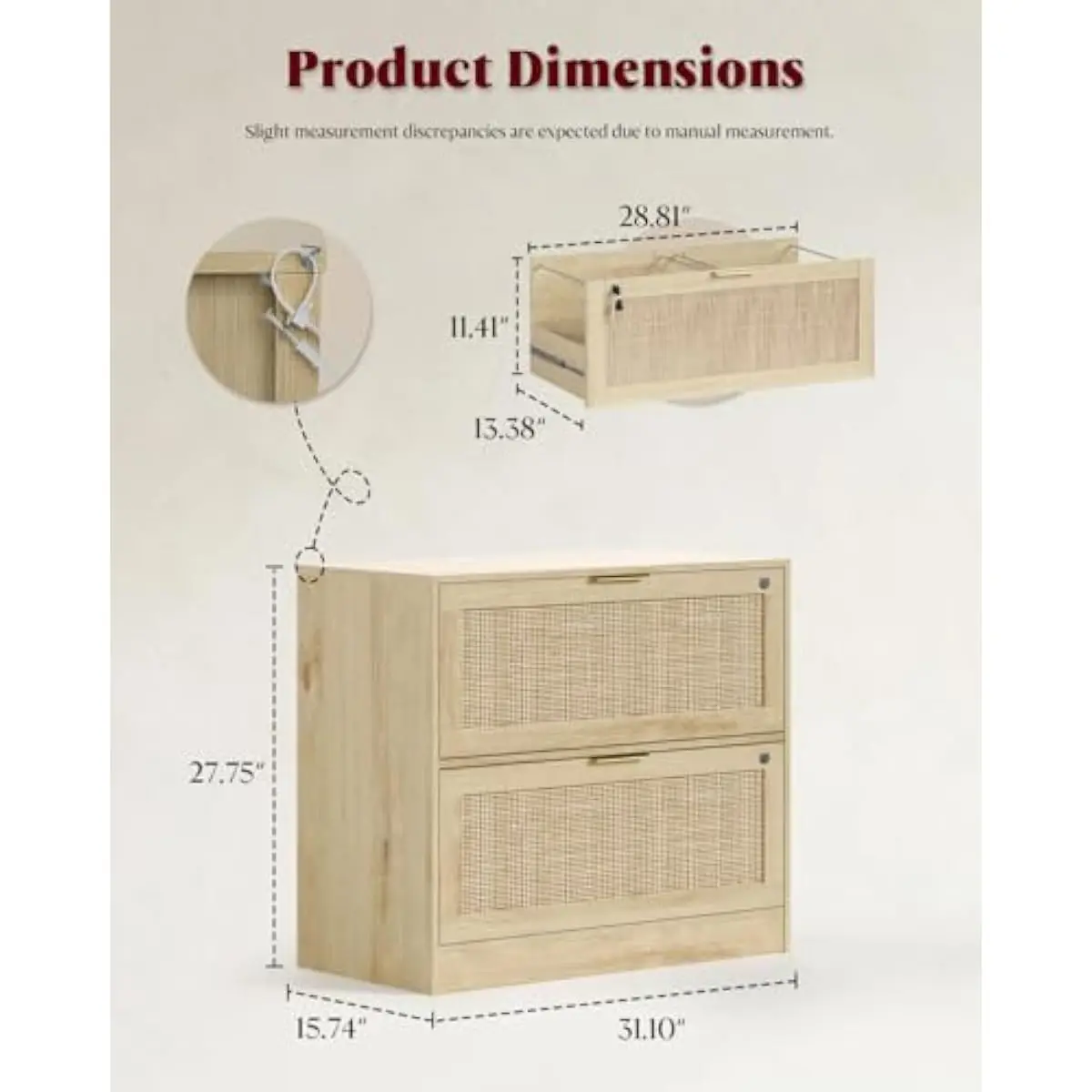 2 Drawer Lateral File Cabinet with Natural Rattan Texture Finish • Engineered Wood Construction • Lockable Drawers with Dual Key