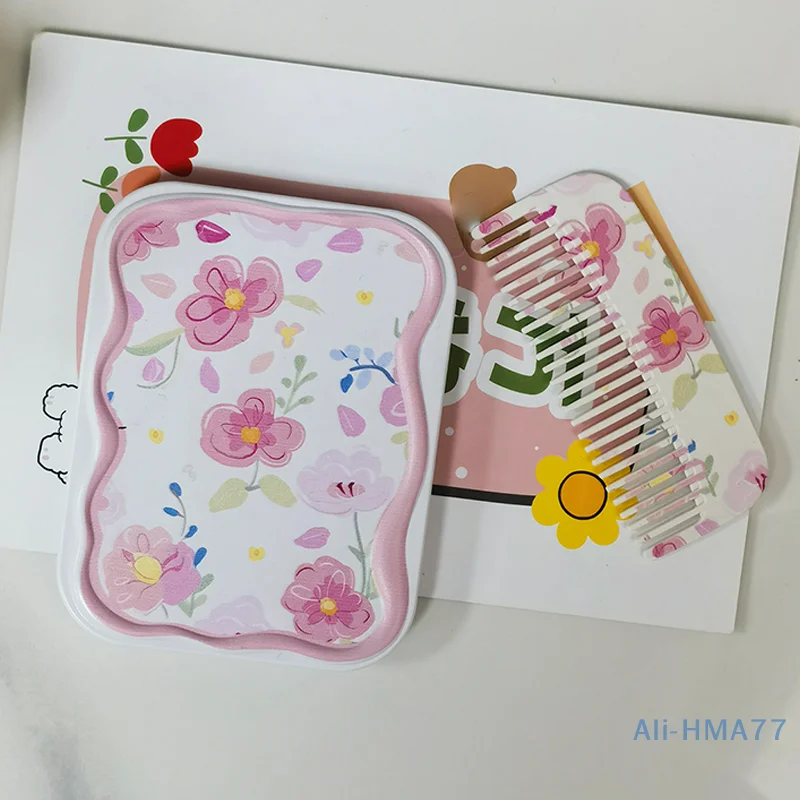 Miroir de maquillage pliant coloré avec peigne, motif de fleurs de pêche, portable, déterminer pour les femmes, filles, cadeau, outils de beauté