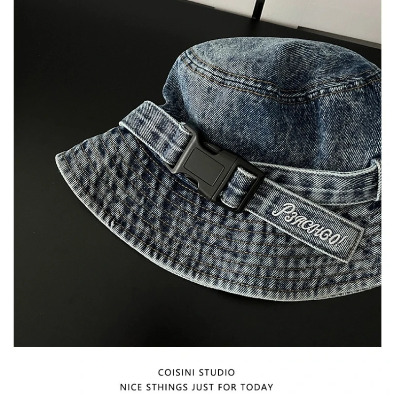 Nischen-Mode Schnappverschluss-Gürtel-Design Denim Bucket Hat für Herren und Damen – Vielseitige Sommer-Fischerhüte mit breiter Krempe für Freizeit und Sonnenschutz – Detail 5