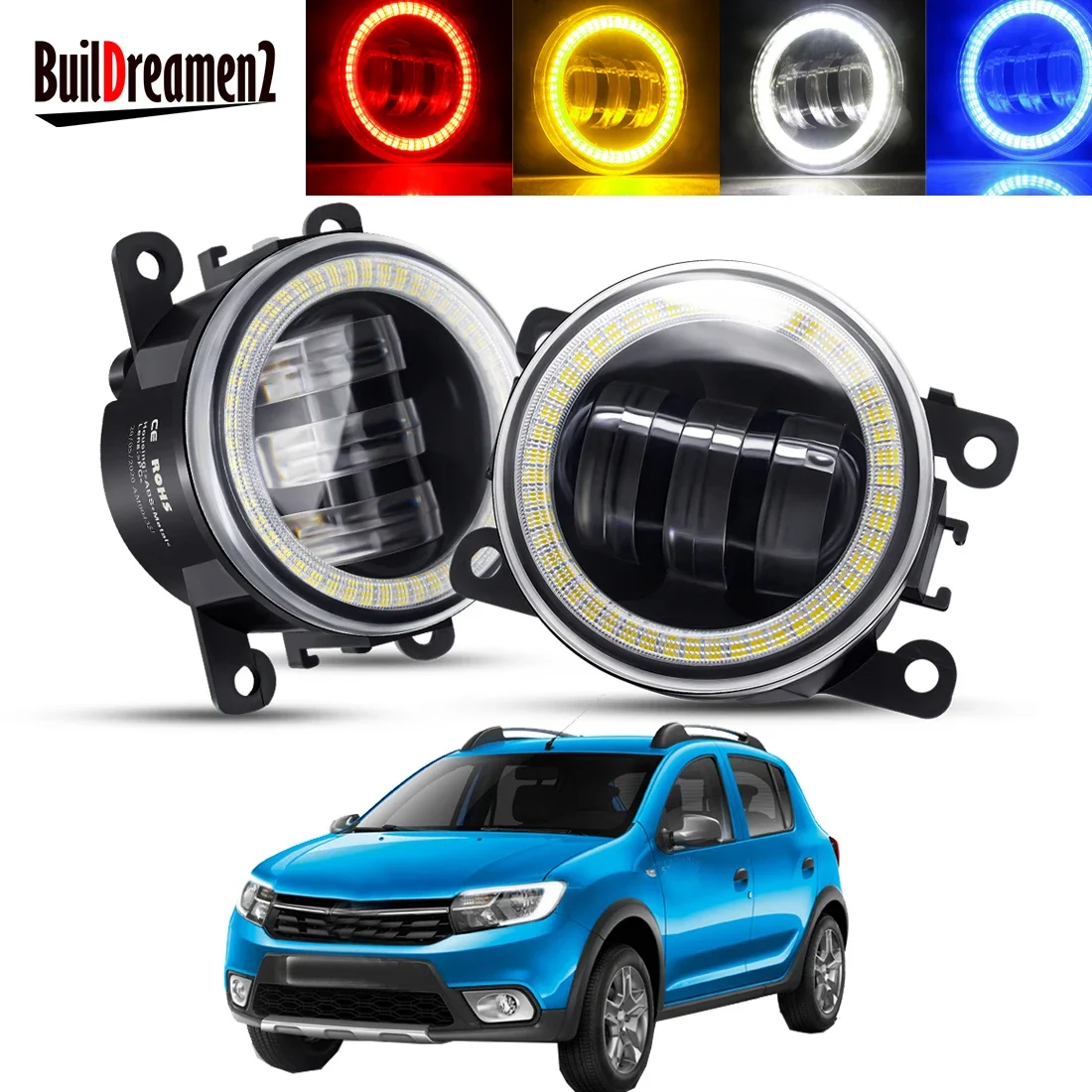 2 X Angel Eye Fog Light Assembly Car LED Lens DRL Fog Daytime Running Lamp 12V For Renault Sandero Stepway Hatchback 2008-2020