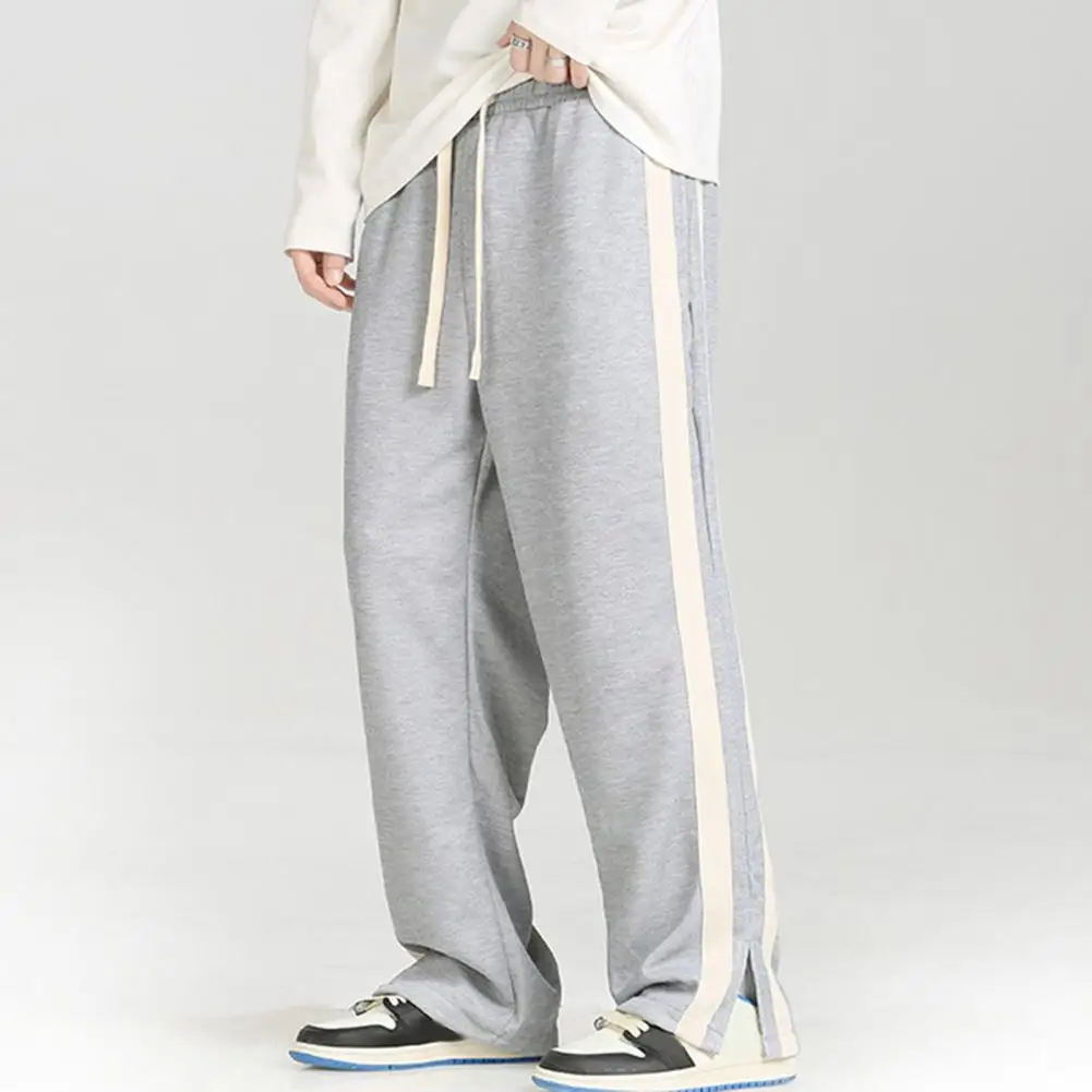 

Men Sweatpants Sports Pants Striped Wide Leg Men's Jogging Sweatpants with Drawstring Elastic Waist Deep Crotch for Four Seasons