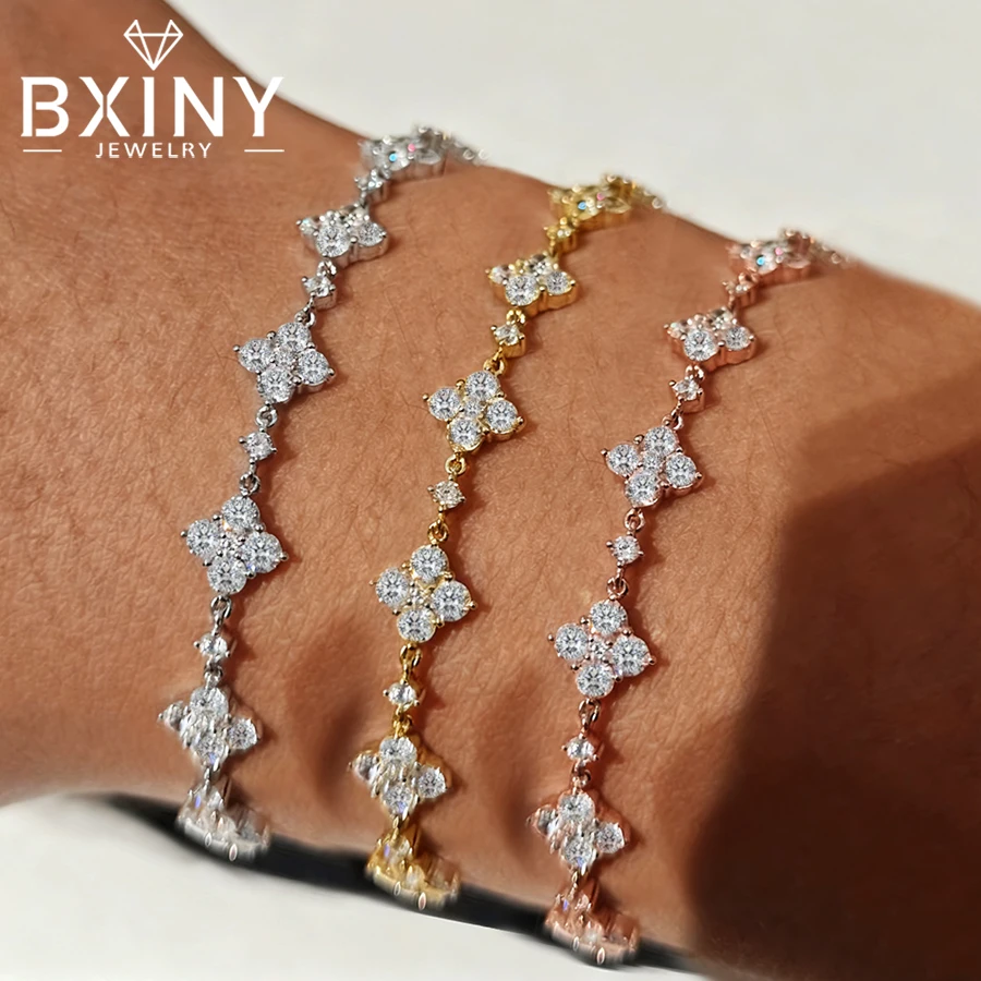 

BXINY Full Moissanite Bracelet 925 Sterling Silver Leaf Clover Diamond Hand Chain for Women Engagement Gifts Jewelry Certificate