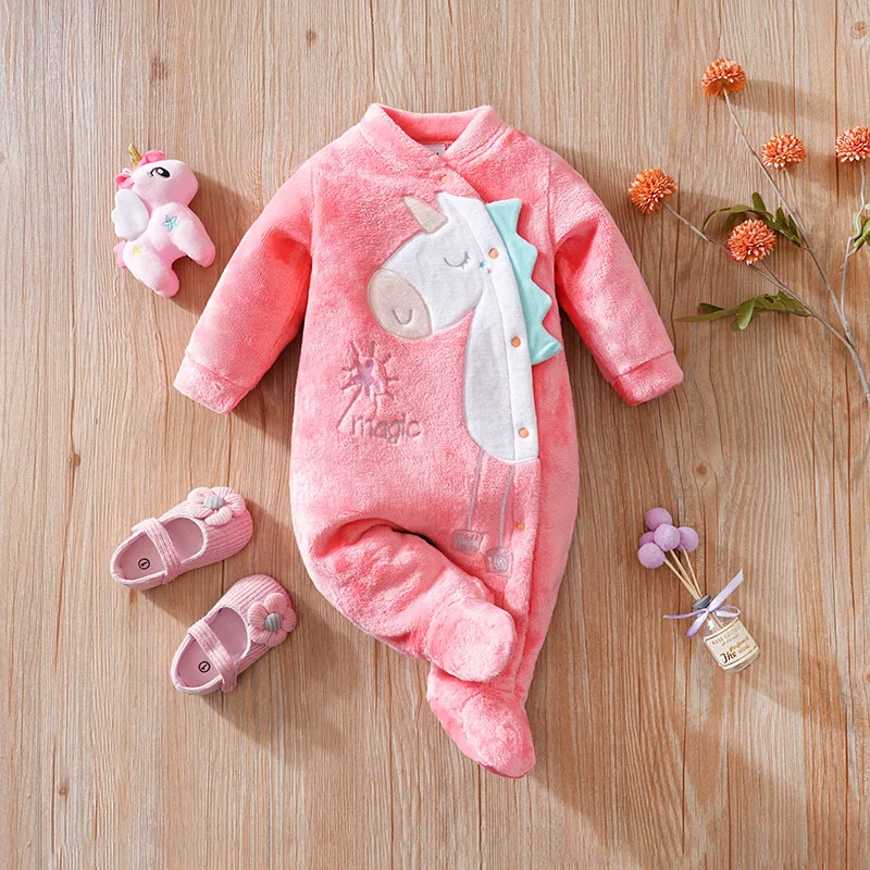 Newborn baby jumpsuit Autumn and Winter Flannel pink Dinosaur Embroidered Legged Foot hugging baby clothes Unisex 0-18 months