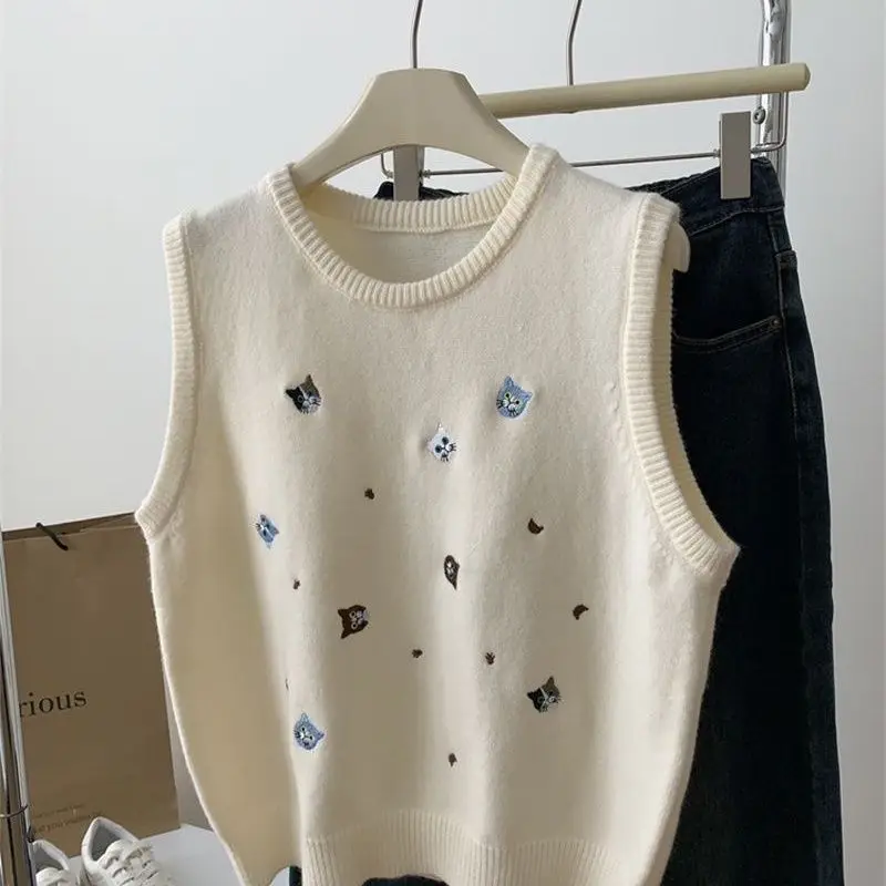 

Веселый свитер с вышивкой кота, уменьшающий возраст свитер, жилет, новый весенний корейский женский свитер без рукавов, жилет