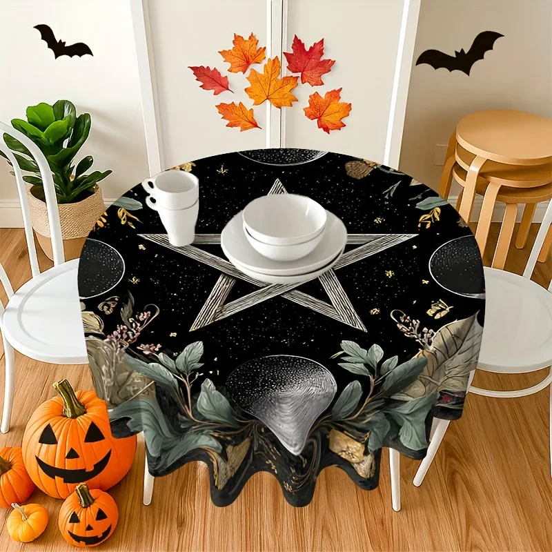 One round tablecloth with patterns of crescent moon and five-pointed stars. Suitable for Halloween, weddings, etc.