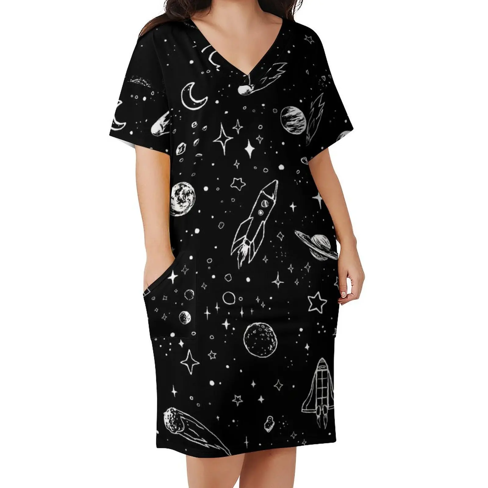 

Vintage Starry Night Dress Women Space Print Basic Casual Dress Summer V Neck Modern Big Size Dresses Gift Idea