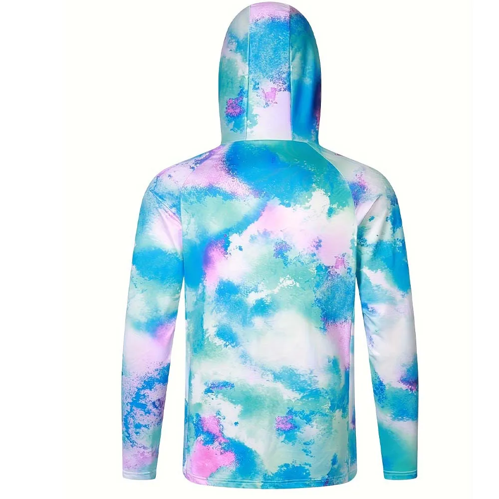 Blue Pink Teal Tie Dye Hooded Fishing Jersey, Quick Dry Anti-UV Masked Top for Fishing Hiking