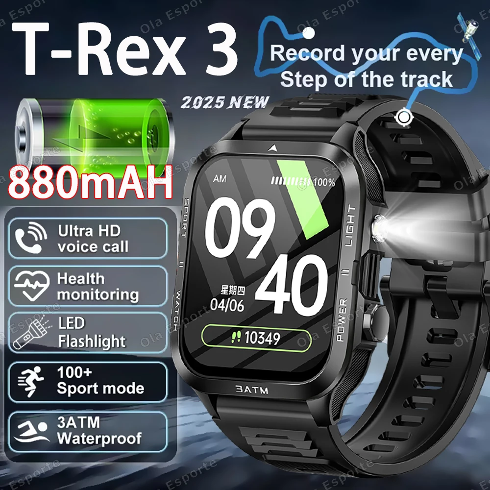 

T-Rex 3 Military 880mAh Battery Smart Watch 3ATM Waterproof LED Flashlight Bluetooth Call AMOLED Men Swim Sports Smartwatch 2025