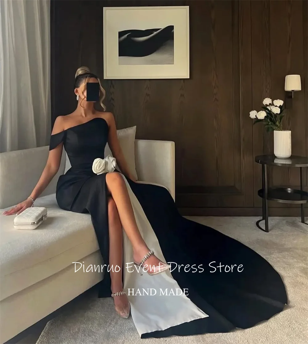 Dianruo Modern Flowers Evening Dress Slit Satin Vestido De Gala Femme One Shoulder Saudi Arabia Abiti Da Cerimonia Customized