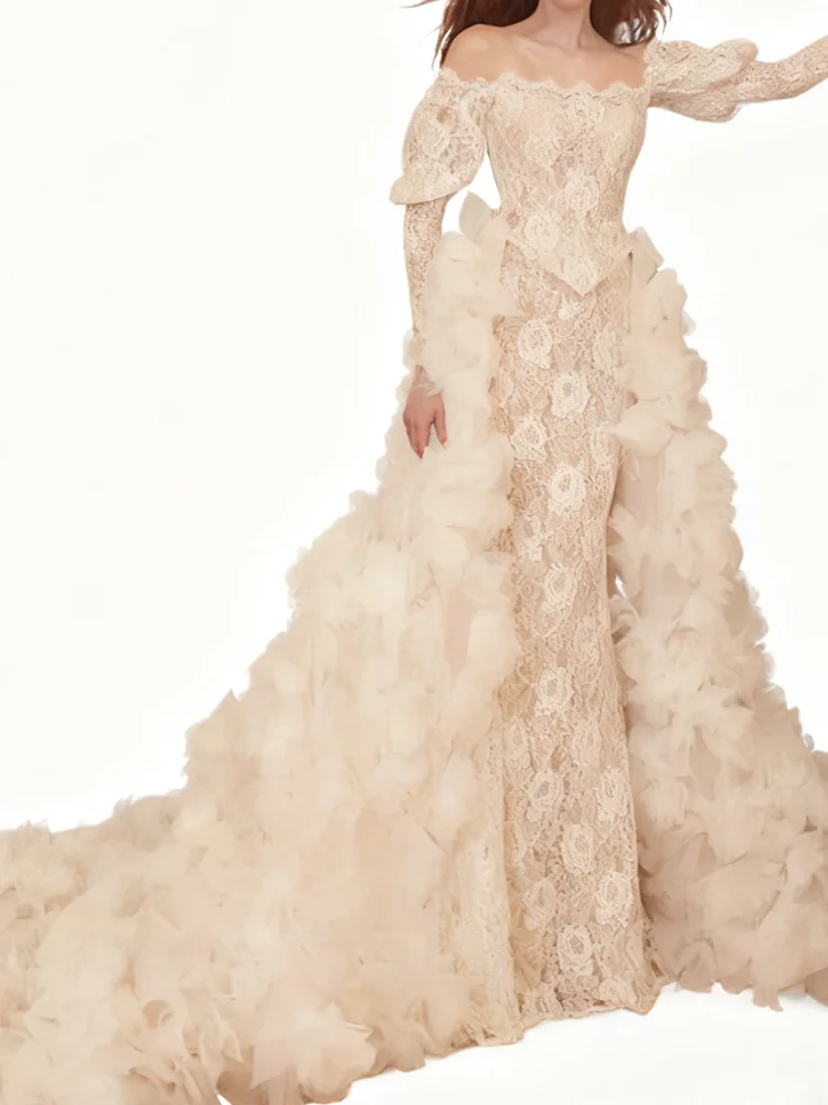 Luxury Off Shoulder Lace Full Sleeve Tulle Mermaid Bride Wedding Dresses Bridal Gowns Customized