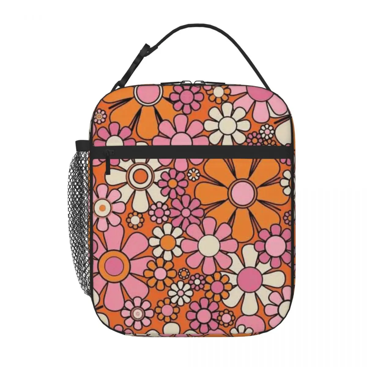 Bestselling Retro Garden Flowers Groovy 60s 70s Floral Pattern In Thulian Pink Orange Cream Beige And BlackCommuter Lunch Bag